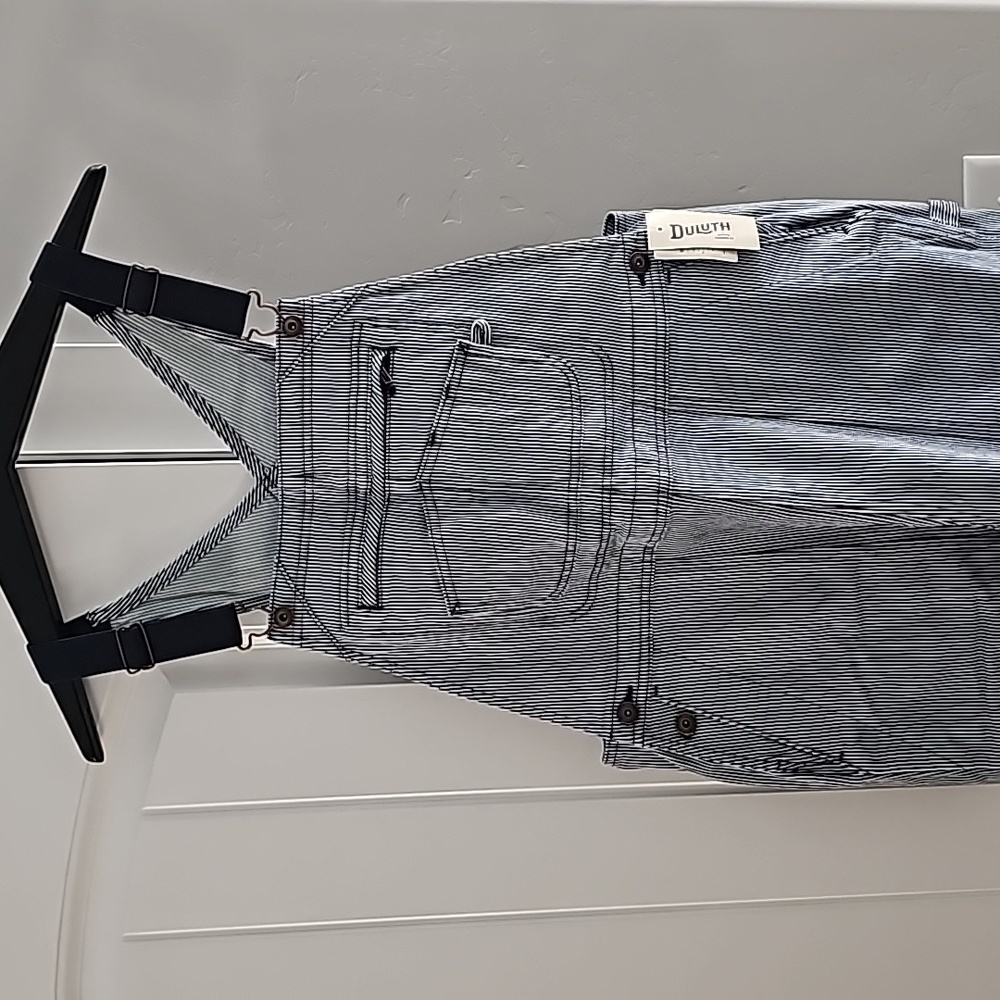 Duluth Overalls, navy and white striped in medium